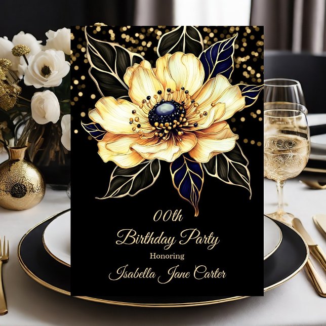 Invitation Fête d'anniversaire magnifique Floral beige or noi (Créateur téléchargé)