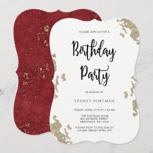 Invitation Fête d'anniversaire Marbre rouge et blanc Faux Gol