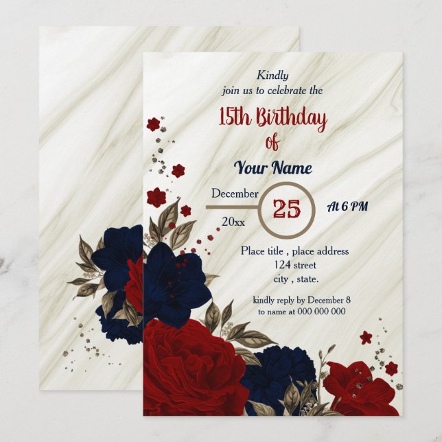 Invitation fête d'anniversaire marine bleu et rouge floral (Devant / Derrière)