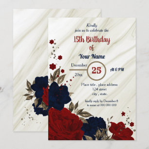 Invitation fête d'anniversaire marine bleu et rouge floral