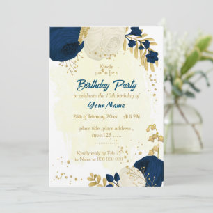 Invitation fête d'anniversaire marine & fleurs blanches or