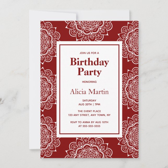 Invitation Fête d'anniversaire Maroon & White Mandala (Devant)