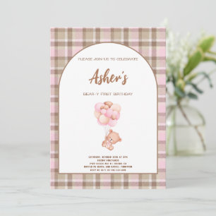Invitation Fête d'anniversaire marron et rose Teddy Bear