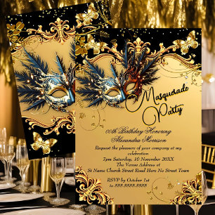 Invitation Fête d'anniversaire Mascarade Masque Noir Or Plume