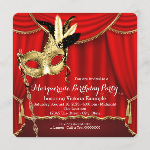 Invitation Fête d'anniversaire masquée rouge et or