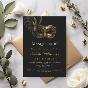 Invitation Fête d'anniversaire Masquerade or noir