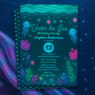 Invitation Fête d'anniversaire Méduse Néon sous la Mer