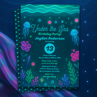 Invitation Fête d'anniversaire Méduse Néon sous la Mer