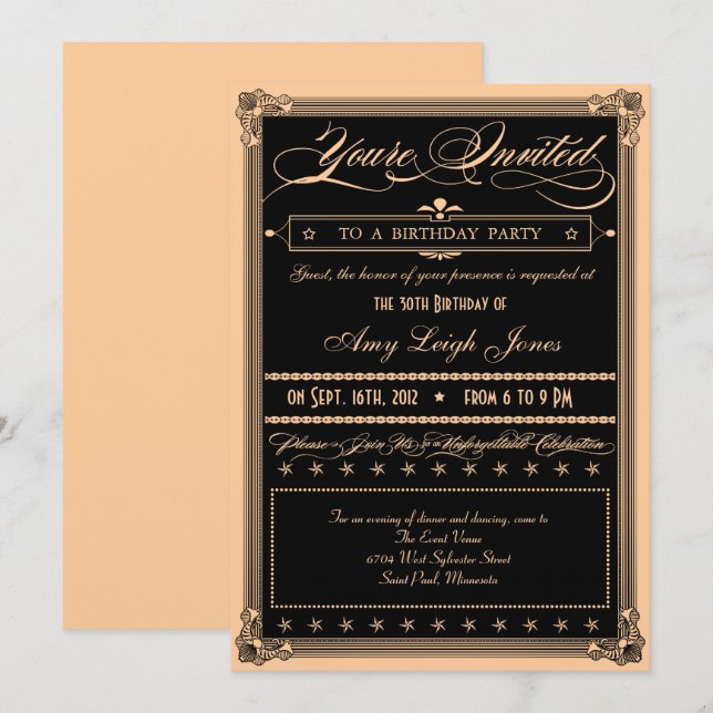 Invitation Fête d'anniversaire métal or et noir (Devant / Derrière)