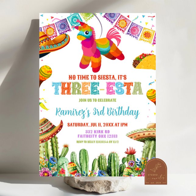 Invitation fête d'anniversaire mexicaine de trois ans (Créateur téléchargé)