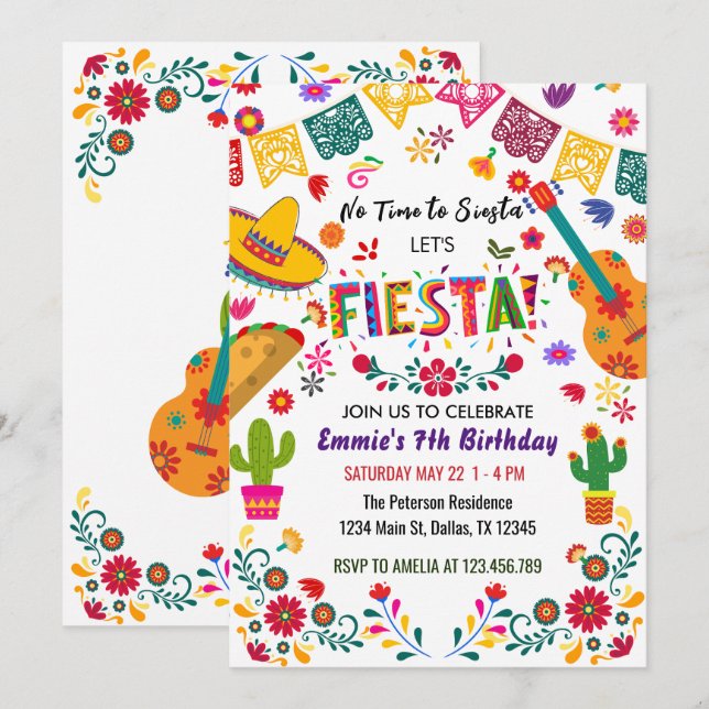 Invitation Fête d'anniversaire mexicaine, pas de sieste (Devant / Derrière)