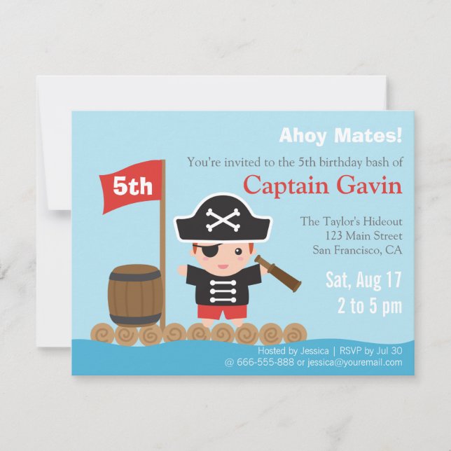 Invitation Fête d'anniversaire mignonne de pirate de garçon (Devant)