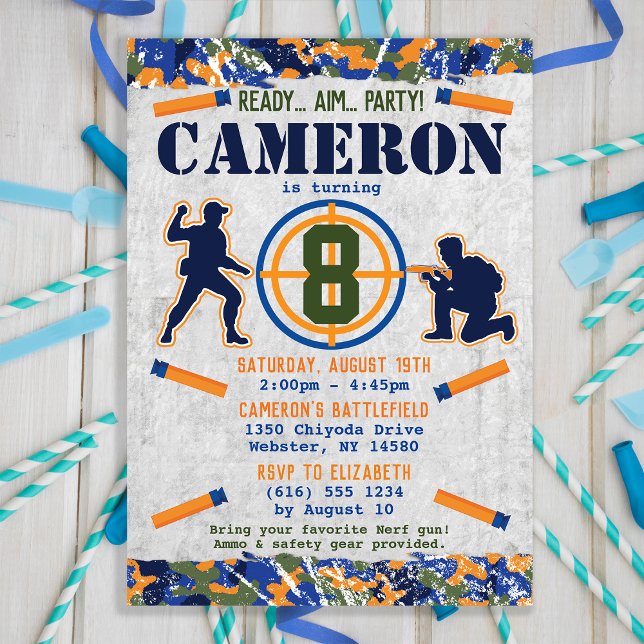 Invitation Fête d'anniversaire militaire de fléchettes camouf (Créateur téléchargé)