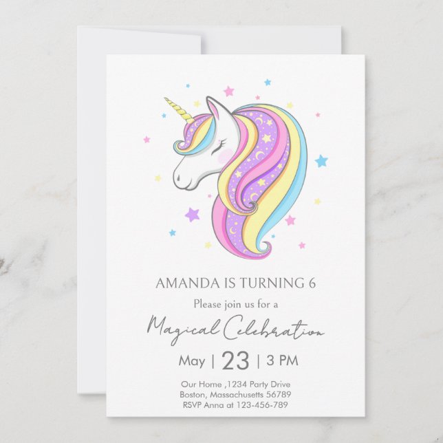 Invitation Fête d'Anniversaire Minimale Pastel Unicorn (Devant)