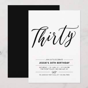 Invitation Fête d'anniversaire minimaliste 30 ans Noir & Blan