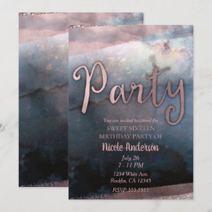 Invitation Fête d'anniversaire moderne aquarelle rose or et b