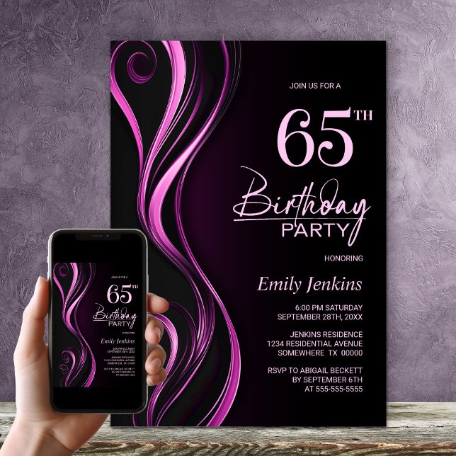 Invitation Fête d'anniversaire moderne Black Pink 65e (Créateur téléchargé)