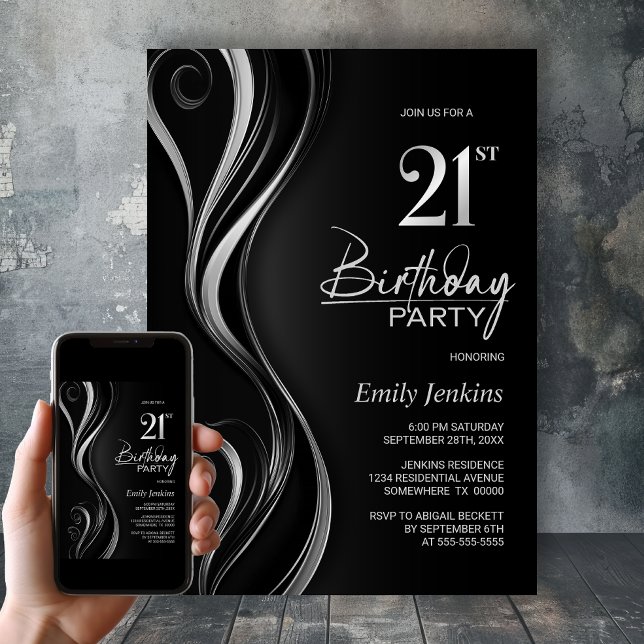 Invitation Fête d'anniversaire moderne Black Silver 21e (Créateur téléchargé)
