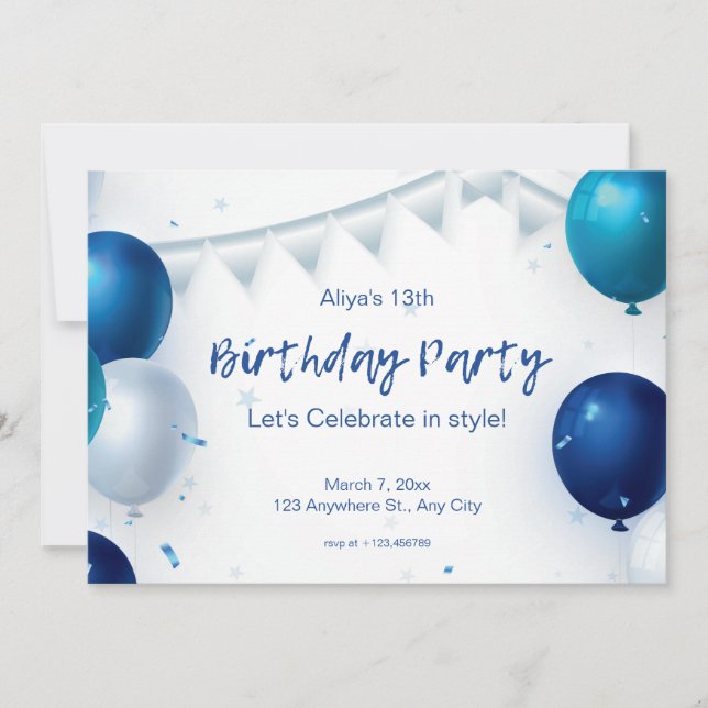 Invitation Fête d'anniversaire moderne blanche et bleue (Devant)