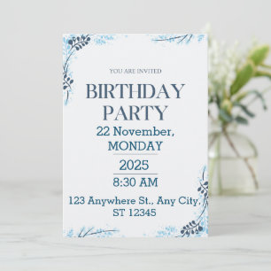 Invitation Fête d'anniversaire moderne blanche et bleue