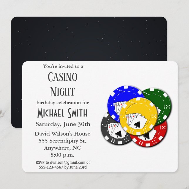 Invitation Fête d'anniversaire moderne Casino Poker Nuit (Devant / Derrière)