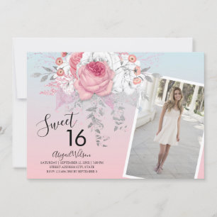 Invitation Fête d'anniversaire moderne floral ombre sweet six