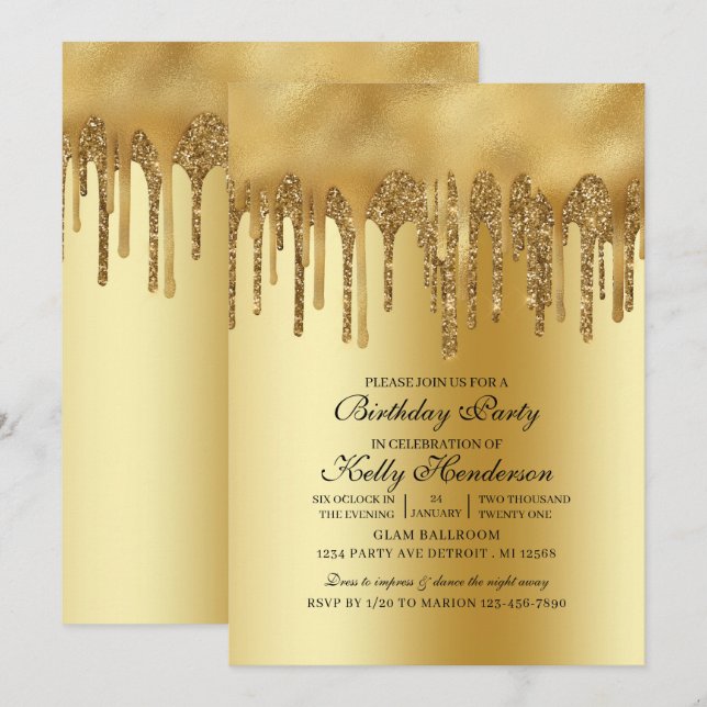 Invitation Fête d'anniversaire moderne goutte d'or personnali (Devant / Derrière)