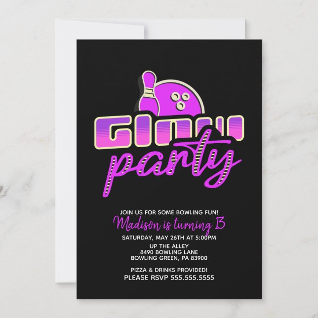 Invitation Fête d'anniversaire Moderne Neon Bowling Party Bas (Devant)