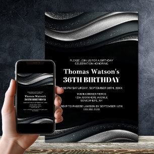 Invitation Fête d'anniversaire moderne noir et argent pour to