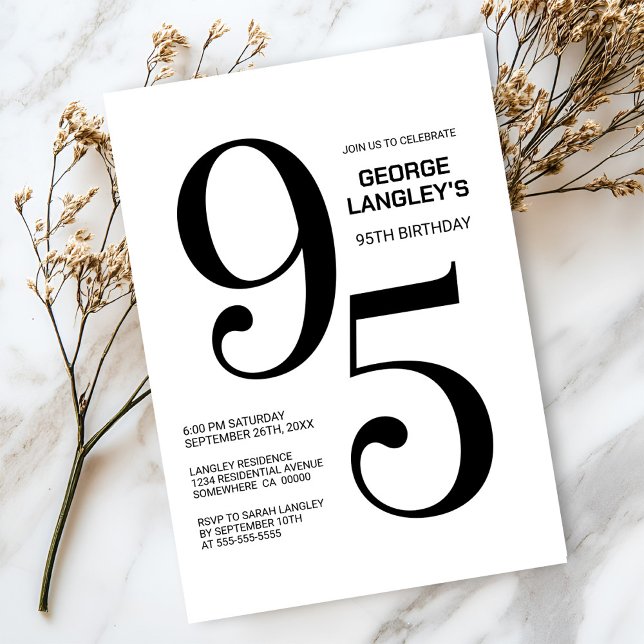 Invitation Fête d'anniversaire moderne noir et blanc 95e (Créateur téléchargé)
