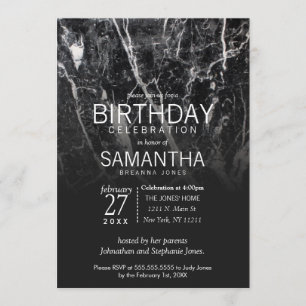 Invitation Fête d'anniversaire moderne Noir et Marbre blanc