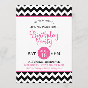 Invitation Fête d'anniversaire moderne noir et rose chaud