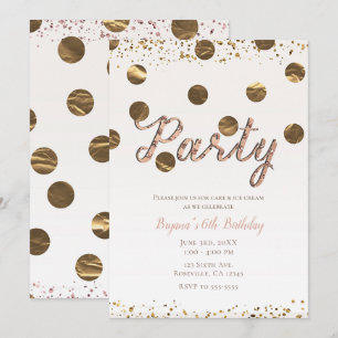 Invitation Fête d'anniversaire moderne or rose à pois bronze