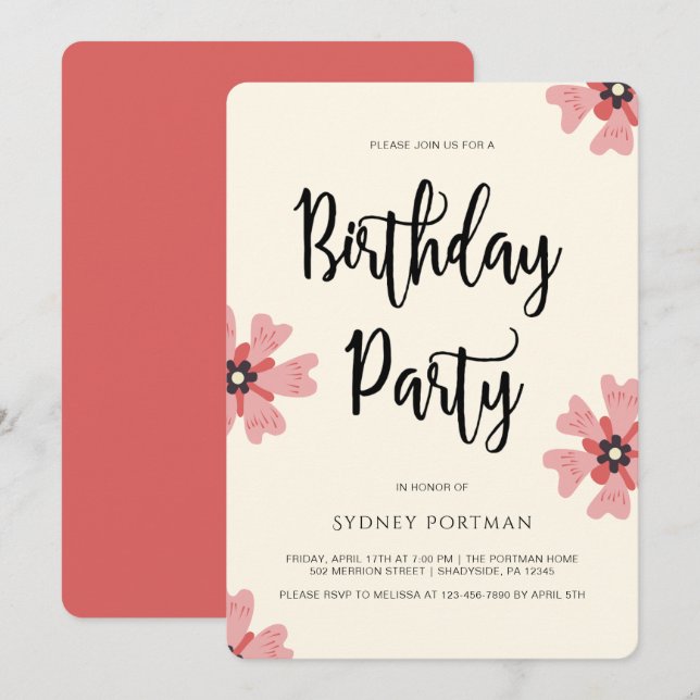 Invitation Fête d'anniversaire Moderne Plutôt Floral (Devant / Derrière)