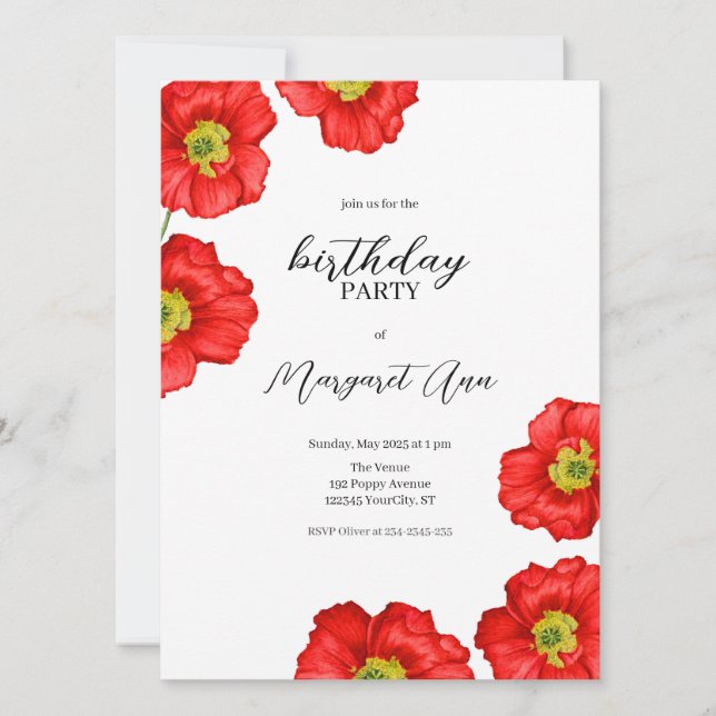 Invitation Fête d'anniversaire moderne Red Poppy (Devant)