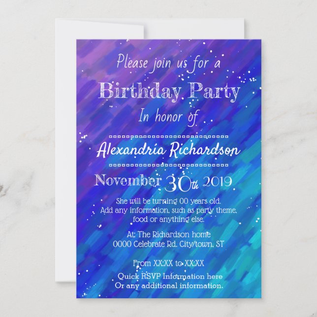 Invitation Fête d'anniversaire moderne violet bleu rayonnant (Devant)
