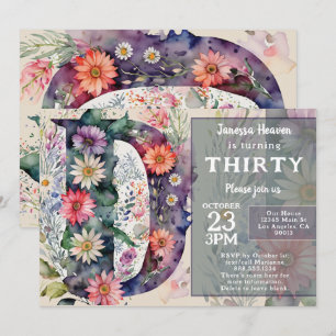 Invitation Fête d'anniversaire Monogramme D Fleurs Aquarelles