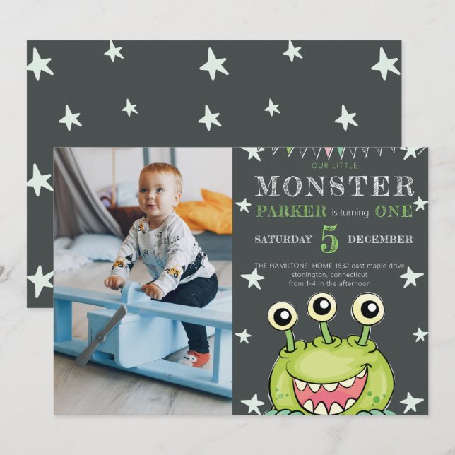 Invitation Fête d'anniversaire Monster Enfants Photo (Devant / Derrière)