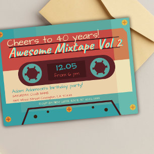 Invitation Fête d'anniversaire musique rétro cassette années 