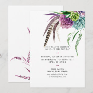 Invitation Fête d'anniversaire mystique boho aquarelle succul