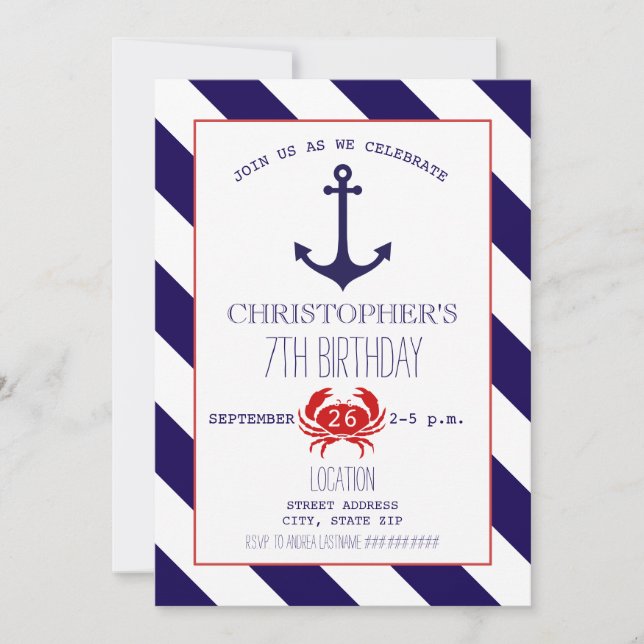 Invitation Fête d'anniversaire nautique - Ancre + Crabe (Devant)