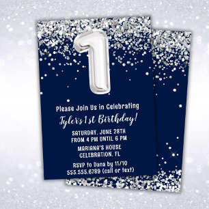 Invitation Fête d'anniversaire Navy Blue Silver 1 an