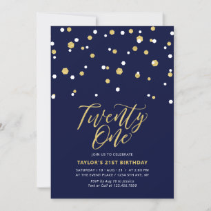 Invitation Fête d'anniversaire Navy & Gold Simple Twenty One 