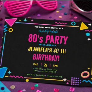 Invitation Fête d'anniversaire néon rétro moderne des années