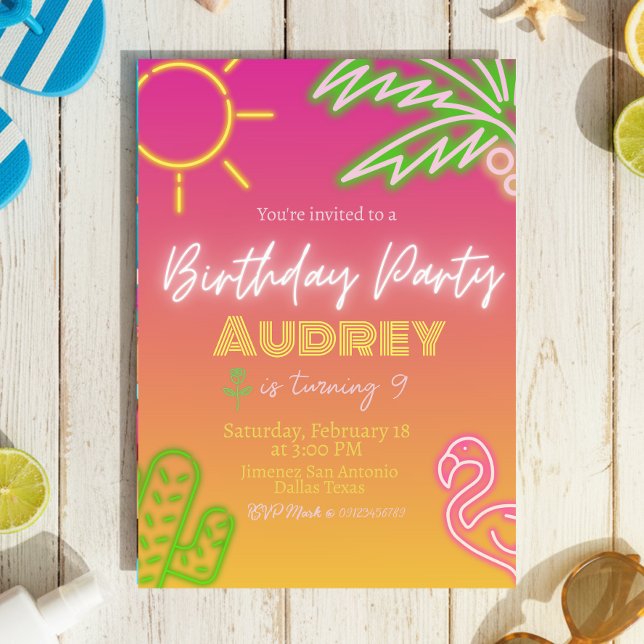 Invitation Fête d'anniversaire - Neon rose (Birthday Party - Pink Neon Invitation)
