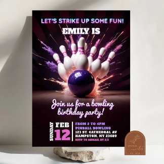 Invitation Fête d'anniversaire Neon Violet Cosmic Bowling Str