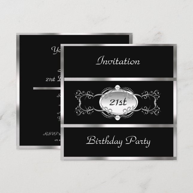 Invitation Fête d'anniversaire noir argent personnalisé (Devant / Derrière)