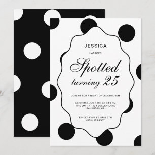Invitation Fête d'anniversaire noir blanc à pois tachetés 25 