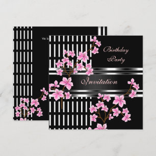 Invitation Fête d'anniversaire Noir Blanc Asiatique Rose Fleu