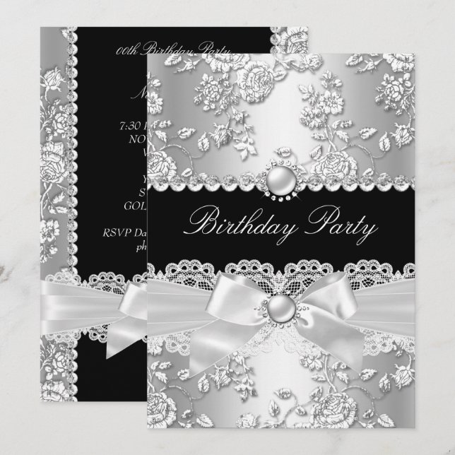 Invitation Fête d'anniversaire Noir Blanc Damas Rose Argent 2 (Devant / Derrière)